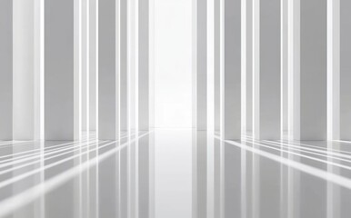 Crisp White Minimalist Interior with Reflective Glass Panels Creating a Dreamlike Atmosphere