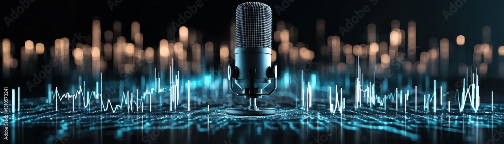 Poster a microphone with audio waveforms, representing sound and music production.