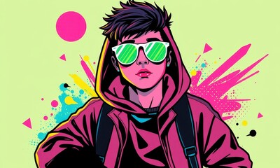 Obraz premium Stylish Illustration of a Trendy Individual in Vibrant Colors with Hoodie and Sunglasses Set Against an Explosive Neon Background of Geometric Shapes