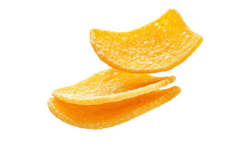 Stack of yellow chips is shown in the air, isolated