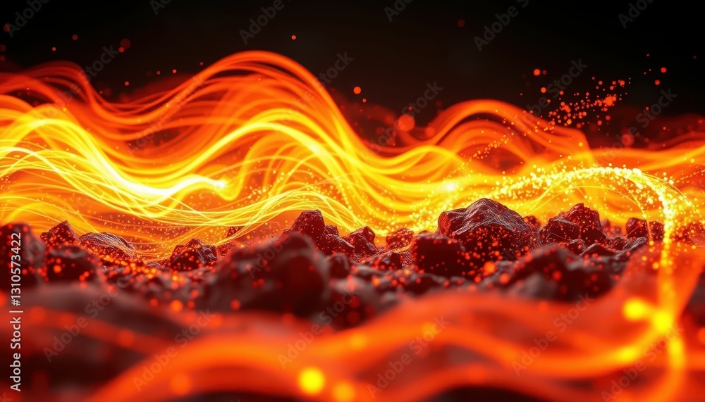 Poster flowing abstract lava with glowing flames and sparkling particles