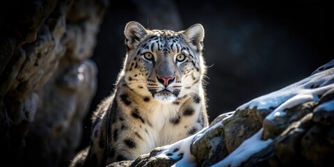 Fototapeta premium Snow leopard blending into dark mountain shadows , wilderness, camouflage