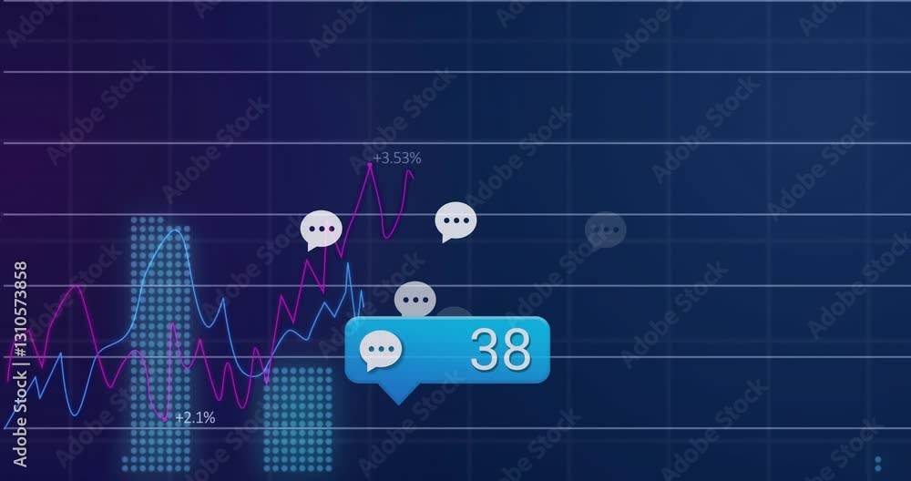 Poster Financial data with animation of graph and chat bubble icons in school setting