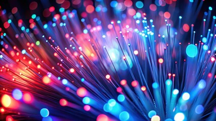 Colorful optic fibers with vibrant blue and red light bokeh effect creating a mesmerizing visual effect, optical fiber, shimmering lights