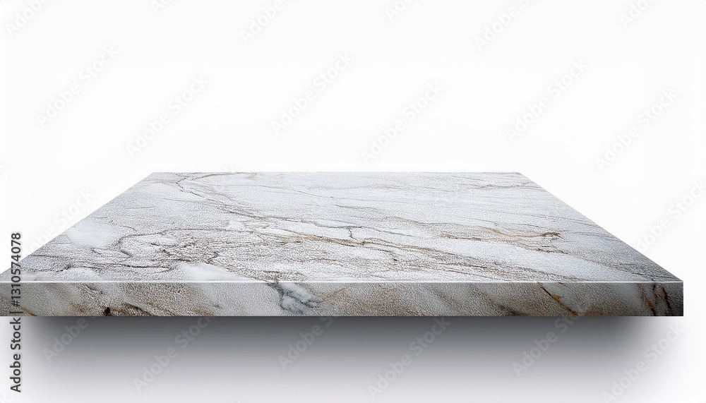 Poster white marble table top on stone display stand, empty shelf mockup showcasing clean lines and cool to