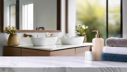Elegant White Marble Bathroom SetUp with Hand Towels, Soap, Shampoo, Aroma Diffuser and Mockup Space, Exuding Luxury and Relaxation in a Spacious OverBathroom Scene.