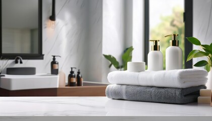 Elegant White Marble Vanity Tableau Tranquil Bathroom Sanctuary with Towels, Aromatherapy Diffuser, and Luxurious Accessories in Harmonious Hues