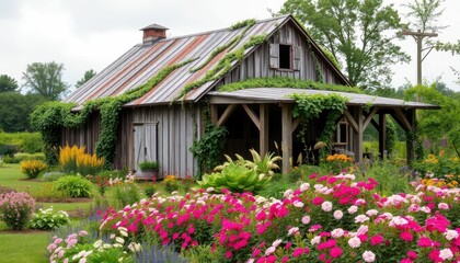 Rustic Cottage Surrounded by Colorful Flowers and Greenery