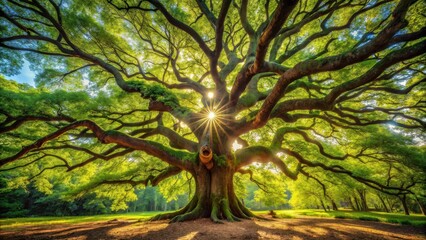 Warm sunlight filters through dense forest canopy, casting dappled shadows on a majestic oak tree with gnarled branches and vibrant green foliage , twisted branches, sunlight filtering