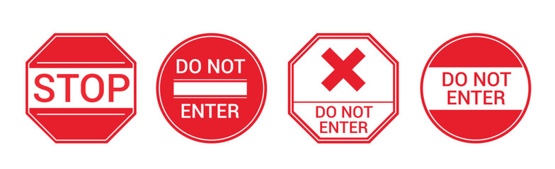 Stop sings icon clipart set. Traffic road red warning clip art with stop, do not enter, no entry and caution signal collection vector illustration. 
