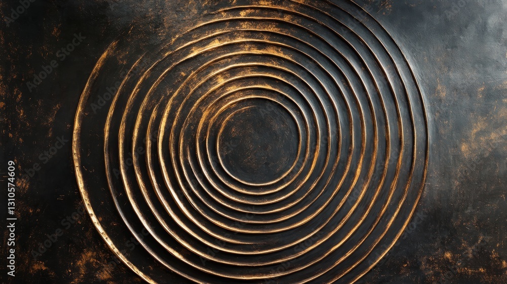 Poster concentric circular spiral patterns carved into a dark metallic surface