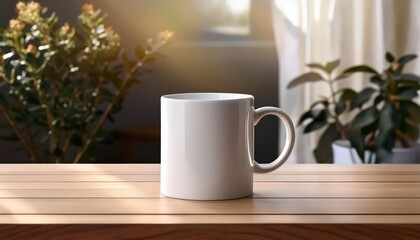 Elegant White Mug Mockup Against Minimalist Wooden Tabletop in Neutral Toned Setting, Evoking a Sleek and Tranquil Ambiance.