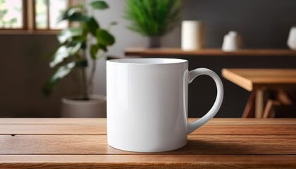 Elegant White Mug Mockup Set Against Rustic Wooden Table, Illuminating the Simple Beauty of Everyday Objects in Natural Light, Perfect for Digital Art, Home Decor, or Design Inspiration.