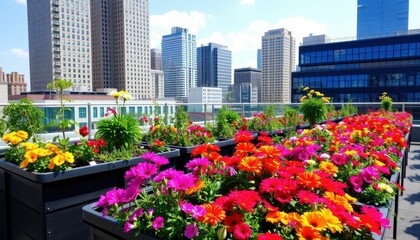 Vibrant Rooftop Garden with Colorful Flowers and City Skyline View