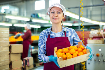 Positive female worker in fruit sorting and packing warehouse holding small wooden box of selected ripe mandarins