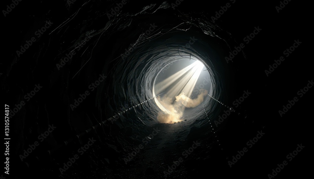 Poster light rays illuminate dark tunnel in mysterious underground setting