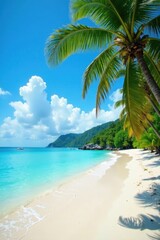 Azure water laps white sand beach, lush palms sway , paradise, peaceful, coast