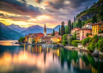 Obraz premium Long Exposure: Varenna Village, Lake Como, Italy - Scenic Mountain View