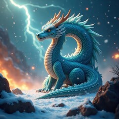 Fototapeta premium Azure dragon amidst blizzard, crackling lightning bolts, power, fantasy, lightning