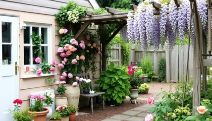 Beautiful Garden Scene with Colorful Flowers and Charming Cottage