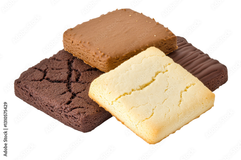 Poster three different types of cookies stacked on top of each other, isolated
