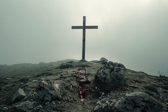 Empty Cross of Christ Standing Alone on Calvary Amid Clouds and Mist Representing Holy Saturday’s Solemn Reflection
