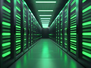 Fototapeta premium A sleek data center corridor illuminated by vibrant green lights.