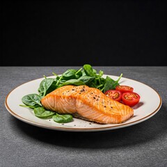 Roasted salmon steak with baby spinach and cherry tomatoes on a plate. Healthy meal