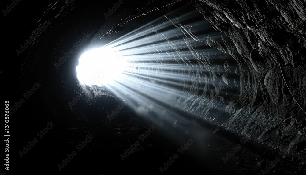 Poster light rays emanating from tunnel opening in dark cave environment
