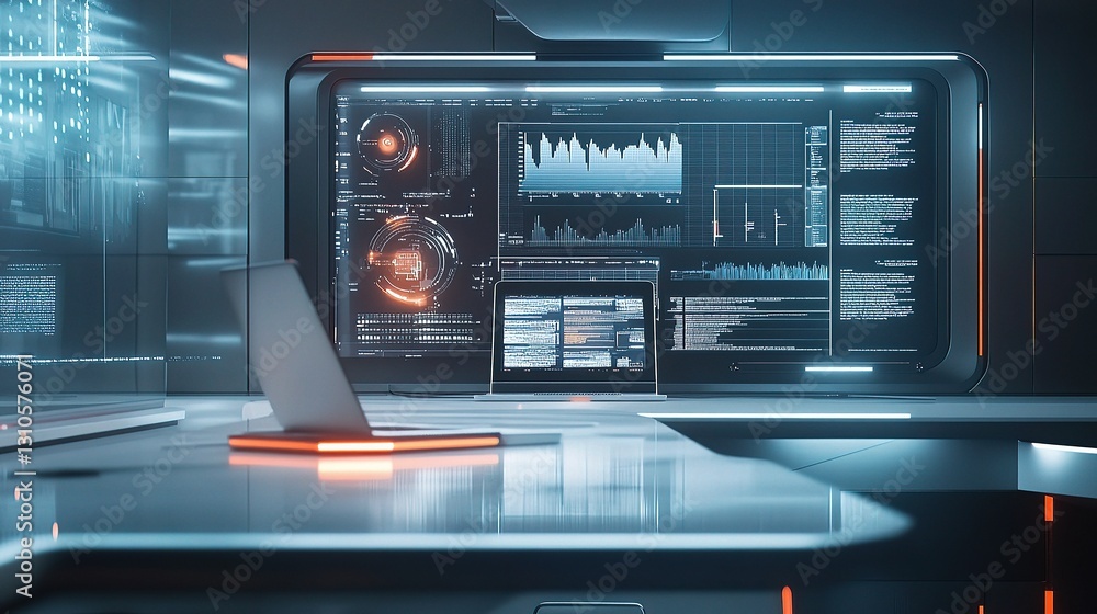 Poster modern digital workspace with sleek desk and laptop displaying data