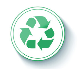Recycle ecological sign icon clipart. Recycling symbol clip art in green double circle border with arrow cycle logotype global conservation graphic design vector illustration.
