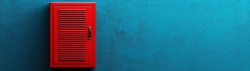 A striking red cabinet contrasts against a textured turquoise wall, showcasing design contrast.