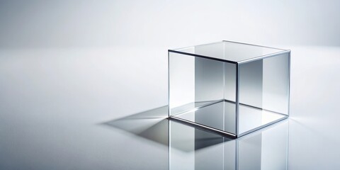 Fototapeta premium A transparent glass cube with a metallic reflective surface and sharp edges on a minimalist white background , modern architecture, cube shape
