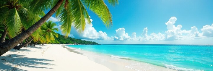 Obraz premium Azure waters lap white sand, lush palms sway gently , getaway, sun