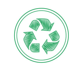 Recycle sign icon clipart. Recycling ecological symbol clip art in green circle signboard with hand drawn arrow cycle logotype graphic design vector illustration. 
