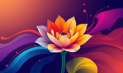 Vivid Digital Artistic Representation of a Multi-Colored Lotus Flower with Abstract Background of Swirling Colors and Gradient Shades