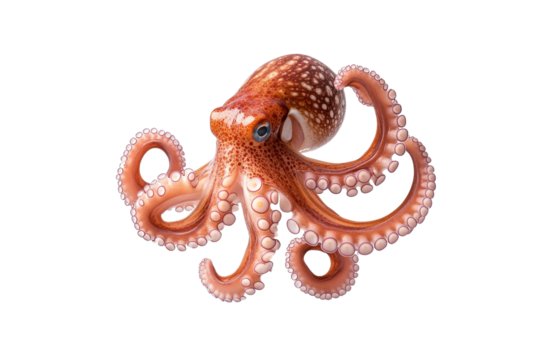 Large octopus with a blue eye is shown on a white background, isolated