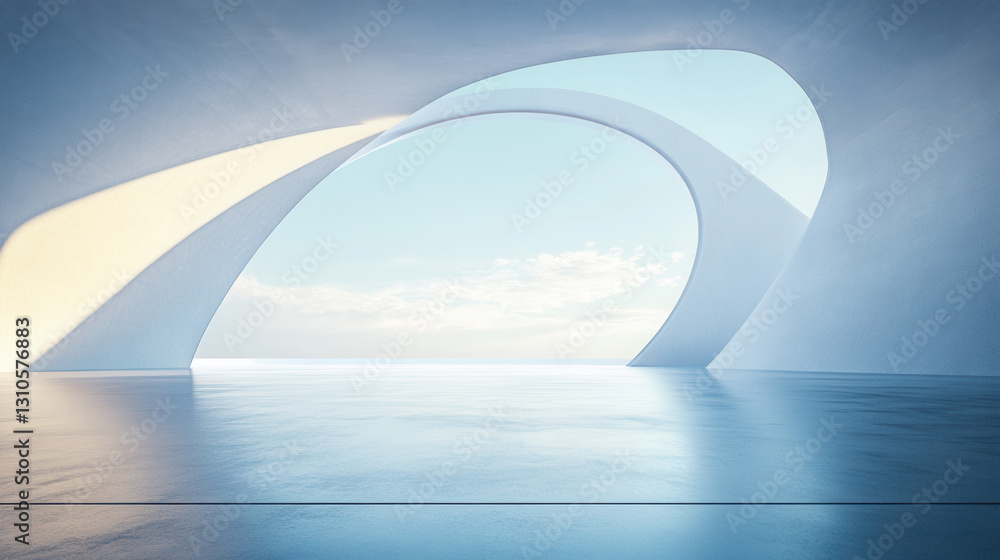 Poster a white building with curved walls on the sea, a 3d rendering of an architectural design style