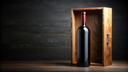 Bottle of wine in a wooden box on black background, dark background, elegant lines,  dark background, elegant lines