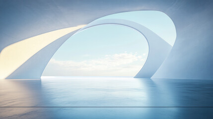 A white building with curved walls on the sea, a 3D rendering of an architectural design style