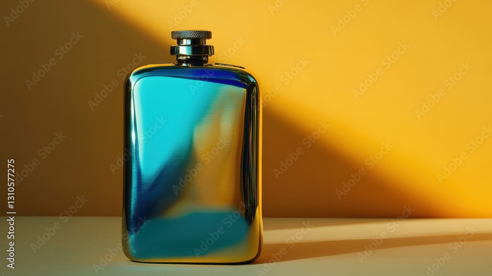 Poster a reflective flask is positioned with striking color tones and light
