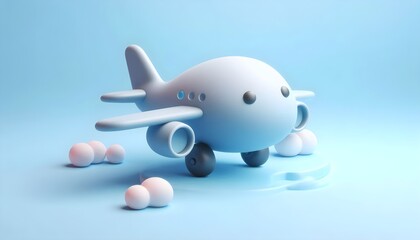 Fototapeta premium Friendly cartoon 3D airplane with minimal rounded design on soft pastel blue background