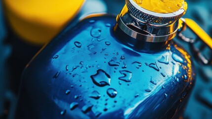 A blue flask with condensation and a yellow object behind it