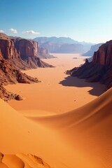 Fototapeta premium Vast Wadi Rum panorama, swirling sand obscures distant mountains, intense, sand dune