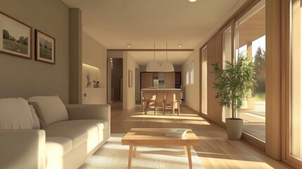 Fototapeta premium Modern living room with natural light and kitchen view