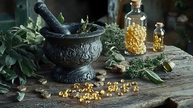 Herbal remedies in a vintage mortar and pestle