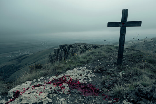 Empty Cross of Christ Overlooking the Valley in Thick Fog as a Symbol of Sacrifice and Redemption on Holy Saturday
