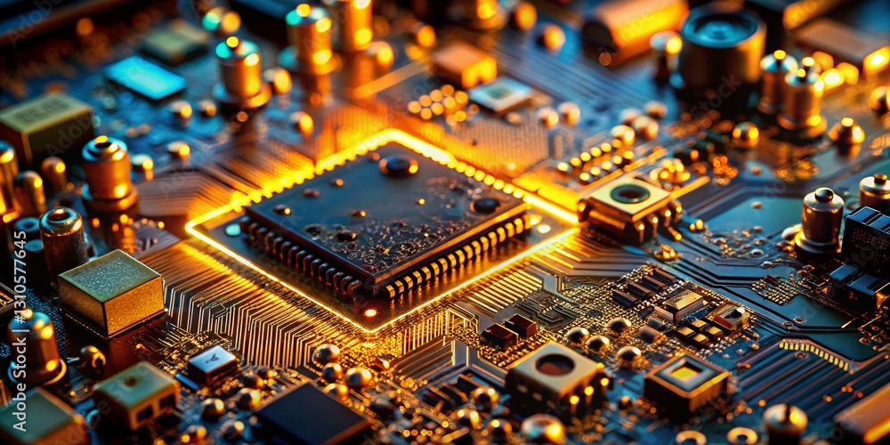 Poster low light circuit board & computer components - tech background stock photo