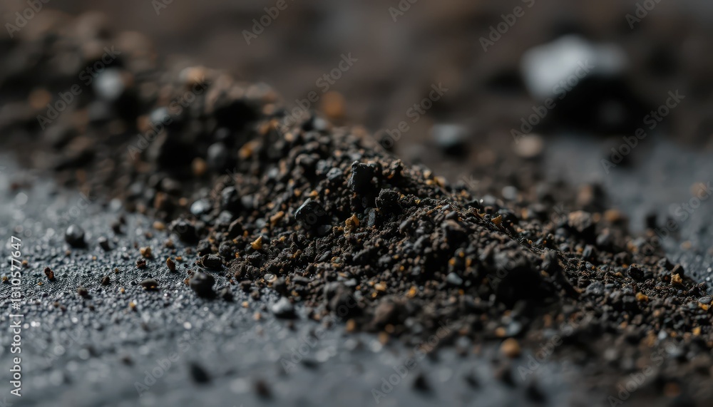 Poster close-up view of dark soil with tiny pebbles and dust particles