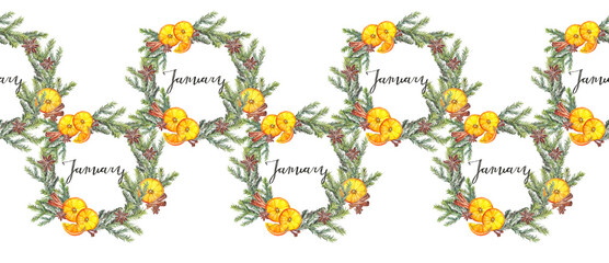 Watercolor seamless rim with circle frame orange and cinnamon and christmas tree on white background. Fir branch and lettering January. Hand-drawn border for new year frame. Wrapping or wallpaper